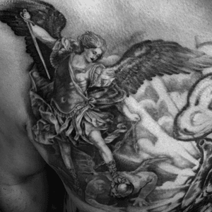 Made this st,michael tattoo a few days ago #santarosatattoo #religioustattoos #therealsantarosatattoo#blackandgrey 