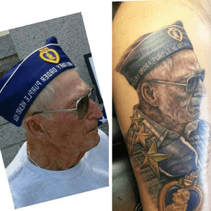 Cover up Portrait of my Grandpa. He was awarded 5 Purple Hearts and 3 Bronze Stars while serving in the European Theater during WWII. Artwork done by Ricco Diamante of Fort Wayne Indiana.  #tattoo #memorialtattoo #purpleheart #heroonmyskin #hero #thegreatestgeneration #misshim #coverup #portrait 