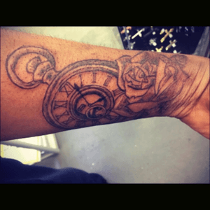 Clock and rose, will be adding some colour and another rose.   #rose #clock #shadow #time #tattoo #ink #white #4pm   iG@an_geloop