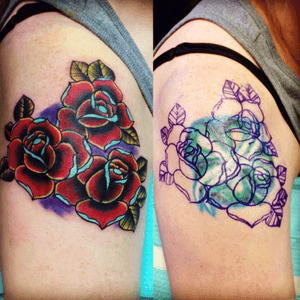 Traditional roses cover up i did awhile back #eternalink #bickneetattoosupply #saltwatertattoo #workhorseirons #traditionaltattoo #traditionalrosetattoo #worldfamousink #victorytattooink 