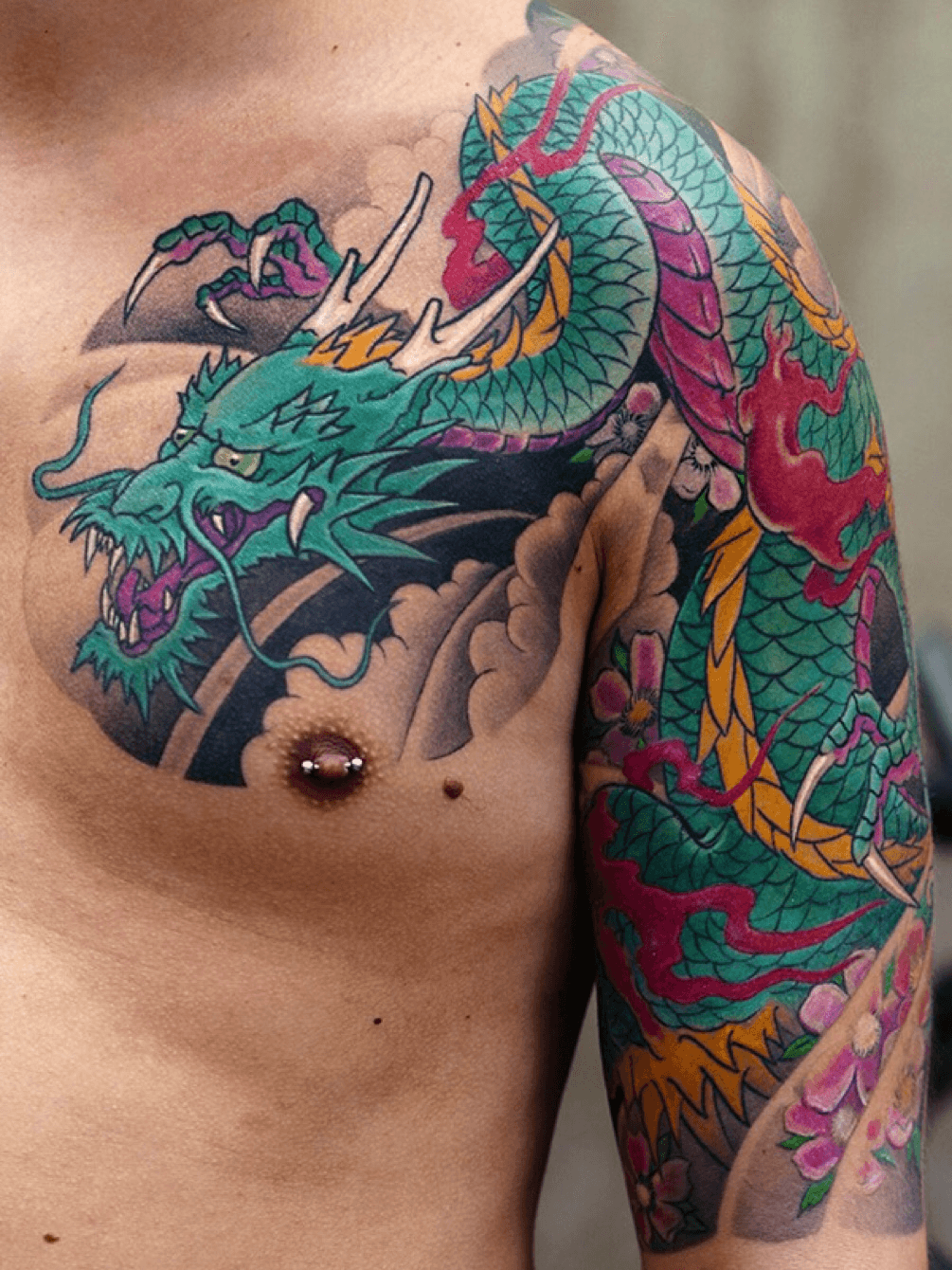 Tattoo uploaded by Bardadim Tattoo • Japanese tattoo. Half sleeve with chest. Dragon and sakura. • Tattoodo
