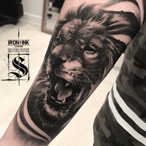 Lion on an animal sleeve #lion #realism #blackandgrey #realistictattoo
