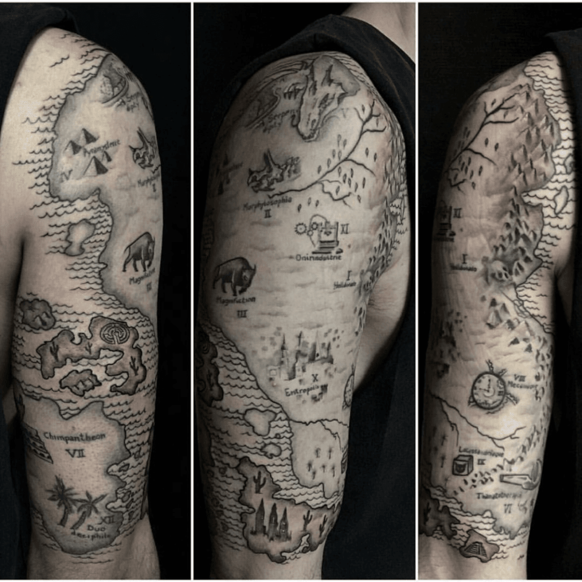 Treasure map tattoo with fall leaves compass and pointer Half sleeve  Pirate theme  Sleeve tattoos Tattoos Map tattoos