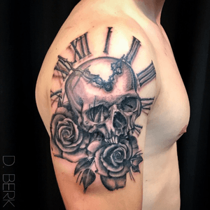 Start of Matt's sleeve. Shoulder cap done. More in a couple weeks. #selfinflictedstudios #stl #stlouis #tattoo #tattoos #ink #art #artist #blackandgrey #skull #clocktattoo #rose #roses #rosetattoo #flowers #romannumerals #wip