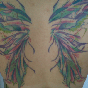 Full fairy wings - fresh photo of when tattoo was new- tattoo by Jakob Shivengri- Atomic Zombie Tattoos- Edmonton AB ( her current place of business) 