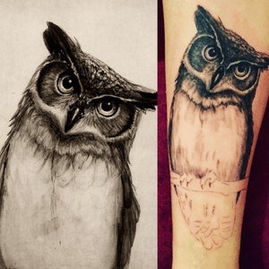Owl by Fica (Bloody Blue Tattoo, Prague) waiting to be finished after pregnancy 🙈 #owl #tattoo #love #unfinished #animal #night #prague #czechrepublic #black #cute
