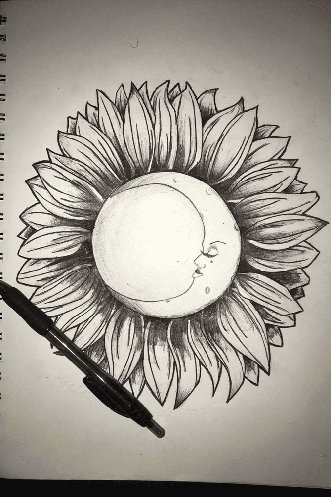 Premium Vector  Half moon and sunflower in outline or black and white  style illustration about sweet dream