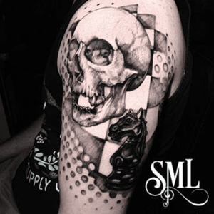 #skull #chestpiece #trashpolka #blackandgrey #tattoo #shaunloyer Done by Shaun Loyer @ Distinctive Body Art Studio in San Clemente CA Instagram is @inkedlife1979 or @dba_tattoo