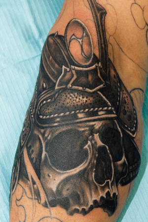 Work in progress... Custom #samurai #skull #helm #helmet #warrior tattoo by Sean Ambrose at Arrows and Embers Tattoo in Concord, NH. Thanks for looking! #tattoooftheday