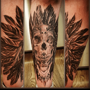 First tattoo to start on my legs. Skull with a native american feather hat. Done by Ben Labrum. #Leg #Skull #NativeAmerican #FeatherHat #Tattoo #Northampton 