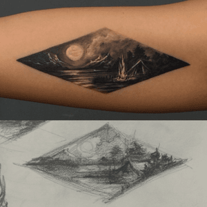 From sketch to healed tattoo. Concept was "camping" 