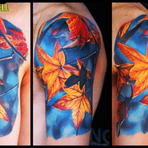 Realistic maple leafs. Artist: #Kordell, Tattoos by Kordeel, The Netherlands #photorealistic #realistic #nature #colorrealism #colortattoo #autumnleaves #leaves 