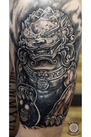 Custom #foodog #chinese #asian #statue #blackandgray #blackandgrey #bng tattoo by Sean Ambrose at Arrows and Embers Custom Tattoo. Thanks for looking! #tattoooftheday 