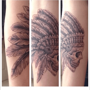 My first tattoo #firsttattoo #armtattoos #skulltattoo #nativeamerican #feathers 