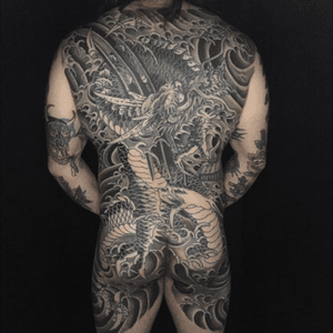 Ryujin back tattoo. Almost complete. #bodysuit #japanesetattoo #JapaneseTattoos #tattoooftheday #yellowrosetattoo #cjfishburn #dragontattoo #Ryujin #japanesestyle 