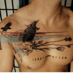 Very cool! #linework #chesttattoo #shouldertattoo #crow #watercolor #stamp #travel 