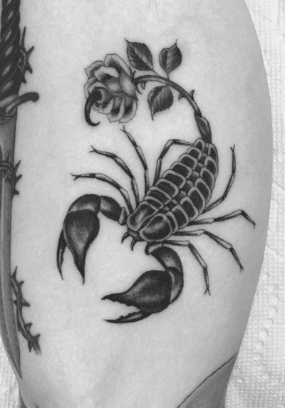 Done by Simone Sorbi #scorpion #blackandgray #rose #fineline #tattoooftheday #nyctattoo 
