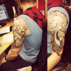This is my cousins, its a full sleeve but this was before it was finished. He's a designer so he was very particular about what & where he wanted everything. Great shading, one the most impressive sleeves i've seen! #shading #blackandgrey #realistic #sleeve #halfsleeve #woman #clock #dreamcatcher #rose