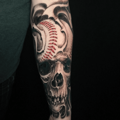 Baseball Skull piece. Custom tattoo by Jeremiah Barba 