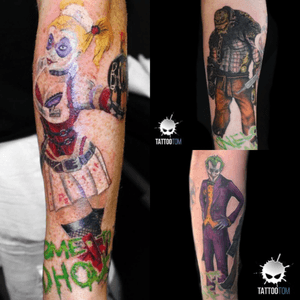 Work in progress #ArkhamAsylum #BatmanSleeve #HarleyQuinn #KillerCroc #TheJoker #TattooTom