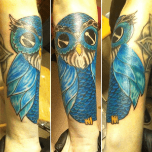 Owl. Designed by myself. His name is Columbus. Tattooed by Todd Durham, Indianapolis. 2013. 