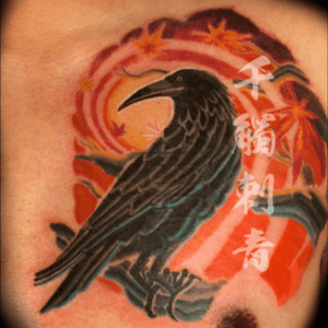 Japanese inspired crow with fall maple leaves and wind.  Cover up of a Japanese Kanji piece.  Tattooed by Oliver Wong