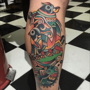 #calf #color #tattoo of a #penguin & #baby with a #pufferfish by #artist #ktattooing #kaylee #freedomtattoo - #fish @ktattoing 