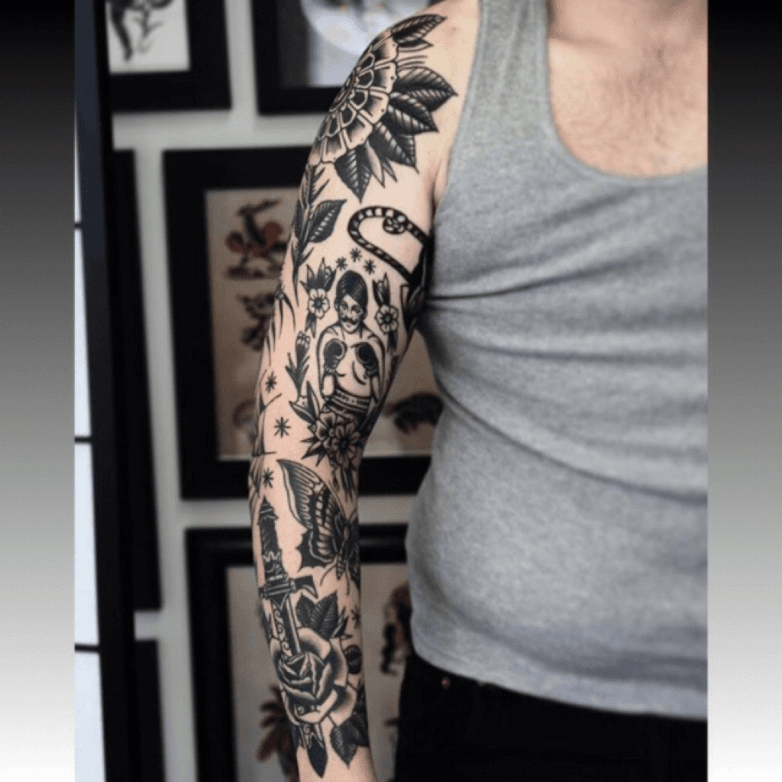 Traditional Black and Grey Sleeve Tattoo by Richie Clarke  Traditional  tattoo black and grey Black and grey sleeve Black and grey tattoos sleeve