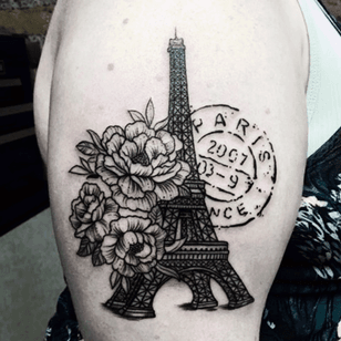 Paris #megandreamtattoo #eiffeltower #latoureiffel #flowers #peonies #stamp #passportstamp #linework #shading #text 