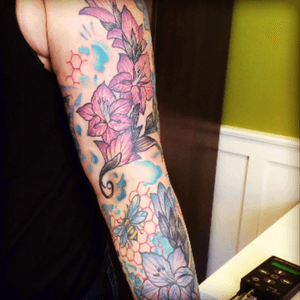 Its all about the girla in this sleeve. Birthflowers, cirlces of life, a bee for my grandaughter.. Love it! #dreamtattoo done ny Kristy at Black Magic in Vernon British Columbia