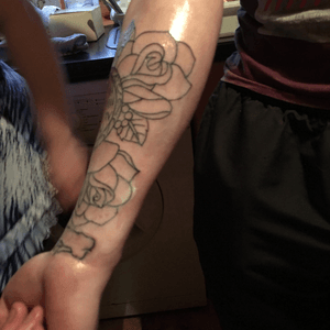 Outline to finish the sleeve #tattoo #sleeve #linework #forearm #Memory #memorial #newink #outline #clock #roeses #rose 