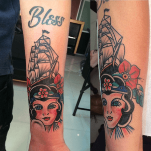 Girl. Ship tattoo#girl #shiptattoo #traditional #traditionaltattoo #solid 