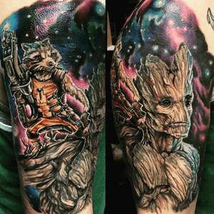 Some Groot and Rocket action. #groot   #rocket #guardiansofthegalaxy #space #SpaceTattoos #movie #movietattoos #tattoos #tatts #tattedup #inked #guyswithtattoos 