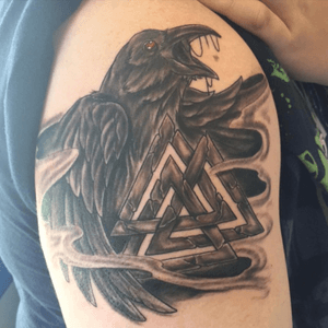 Nordic tattoo of Odins Raven and the Valknut. 