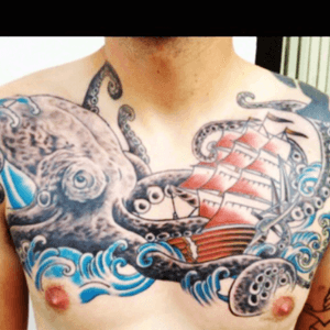 Had this done a few years ago #traditional #octopss #traditionaltattoo #chestpiece #ship 