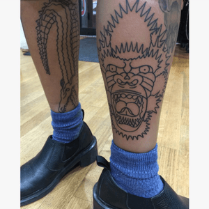 •Fineline tattoo custom piece i did on lower legs Alligator & Gorilla