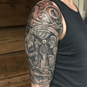 Todays work, Third session all in all, no ideas how many to finish this sleeve. Great fun to come! The men are from the Hylestad carvings,  the top part is freely after patterns in the same carving. #norwegianart #woodcarving #woodcarvingtattoo #OrnamentalTattoos #hylestadportal