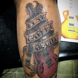 A memorial piece for my buddy. This piece healed up beautiful. Need hom to shave his leg so i can get a good healed pic. #music #colortattoo #rip #memorial 