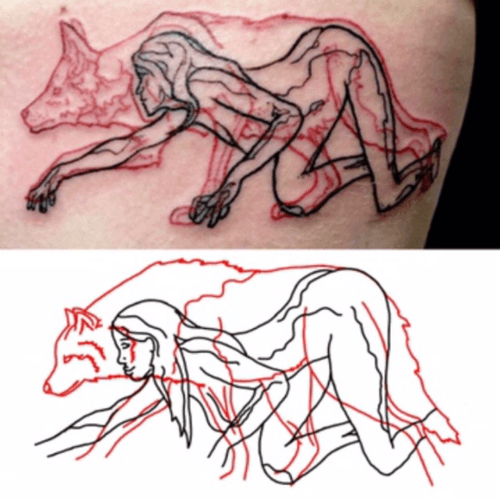 Put pen to paper and redesigned a #PabloPuentes #overlaytattoo. It's obviously not as perfect but as a #biology person, I wanted an #anatomicallycorrect #wolf. #red #black #animal #wildlife #spiritanimal #nude #woman #crawling #stalking #design #inspired