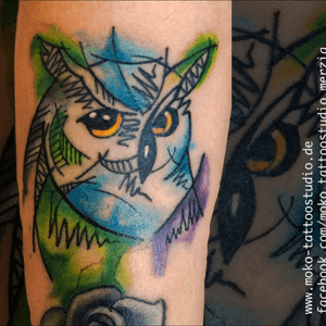 Eulen Tattoo im Watercolor-Sketching Style. Grossen Dank an die Kundin für das Vertrauen. #Owl #Eule #Tattoo #Watercolor #Color #Sketch #Black #Lining #Style #Moko #Tattoostudio #Merzig #Hengen #Mike #Arm