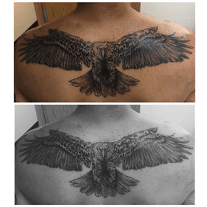 Eagle back piece for a client. #eagle #eagletattoo #america #pride #Usa #blackandgrey #backpiece #ink #inked 