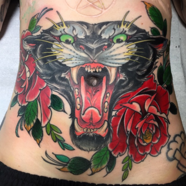 Angry Black Panther Tattoo On Stomach