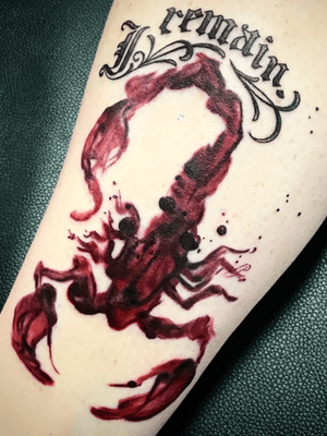 Blood scorpion tattoo by Brigid Burke #pennydreadful #customlettering #script #lettering #blackletter #oldEnglish #blood #scorpion #scorpiontattoo #watercolor #watercolortattoo 