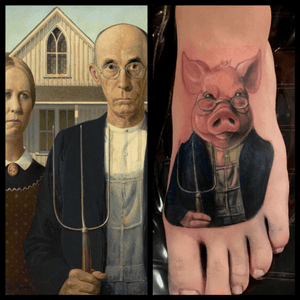My version of bacon and eggs as "american gothic" #millsoriginal #pig #Bacon #americangothic #newschooltattoo #NewSchoolArtist #Tattoodo