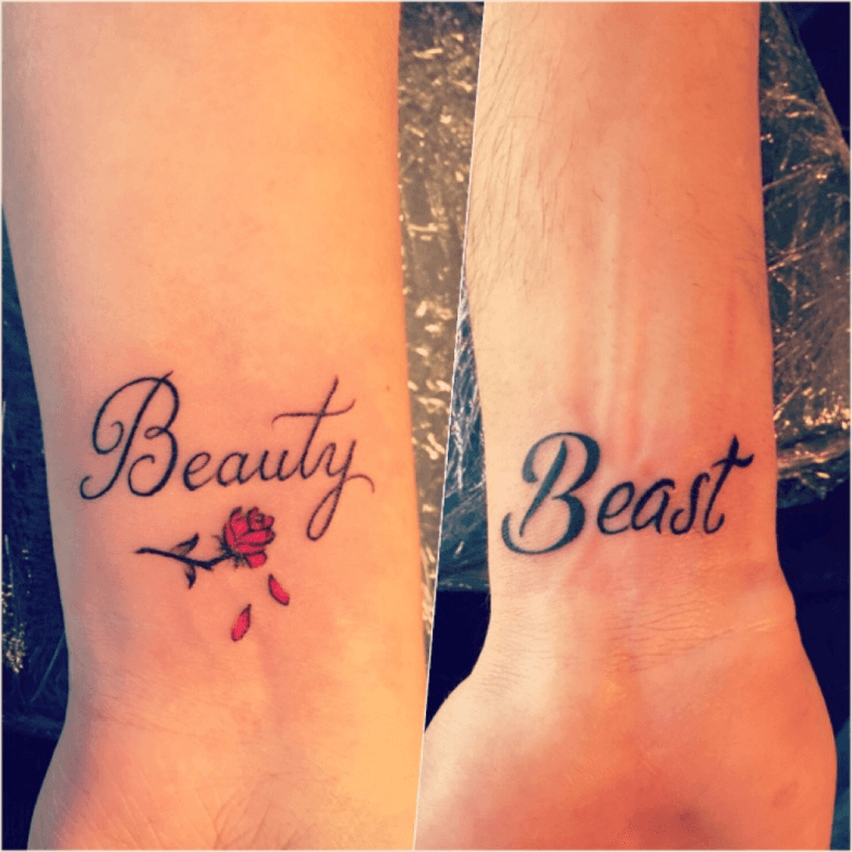 His Beauty Her Beast beautyandthebeasttattoo tattoo beautyandthebeast   Beauty and the beast tattoo Cute couple tattoos Him and her tattoos