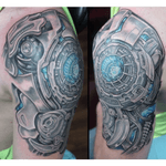 Custom #Biomechanical #shouldercap #tattoo by Sean Ambrose of Arrows and Embers Custom Tattoo in Concord, NH. Check out that sweet #biomech #bio #mech #mechanical #robot #cyborg