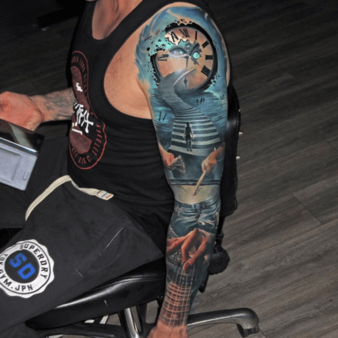 Tattoo uploaded by Dee Inkslinger  Half sleeve finished off eye clock  stairs halfsleeve tattoo  Tattoodo