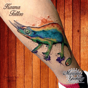 Watercolor chameleon tattoo #tattoo #marianagroning #karmatattoo #cdmx #MexicoCity #watercolor #watercolortattoo #watercolortattooartist #chameleon 