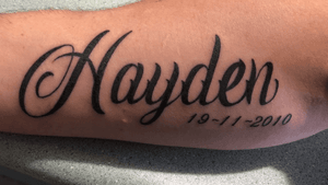 First tattoo of first child on right forearm #forearm #forearmtattoo #name #nametattoo #date #dateofbirth 