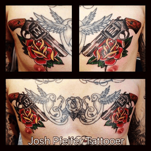 The guns and roses were done by artist on pic. The gray was at thr same shop but another tattooer 